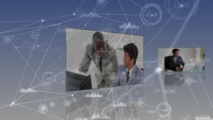 Poster - Animation of network of connections over diverse business people on screens
