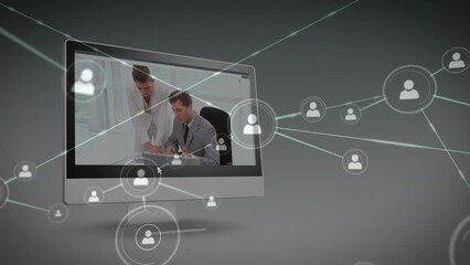 Poster - Animation of network of connections over diverse business people on computer screen