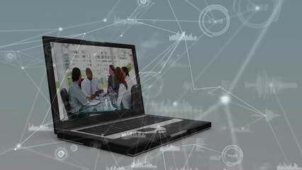 Poster - Animation of network of connections over diverse business people on laptop screen