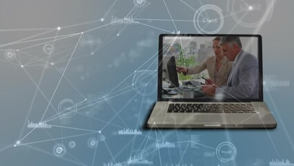 Poster - Animation of network of connections over diverse business people on laptop screen