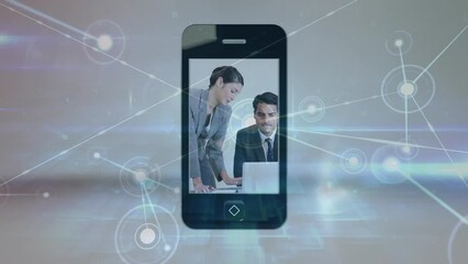 Poster - Animation of network of connections over diverse business people on smartphone screen