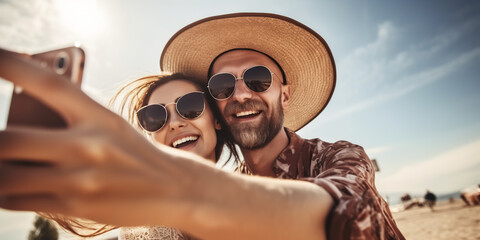 Positive cheerful young traveling couple in love take a selfie on a tropical beach. Young people have fun on the amazing tropical beach. digital ai