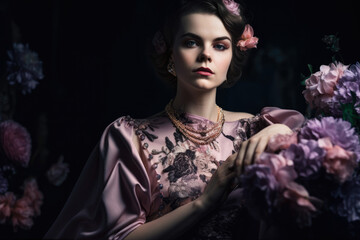 Mesmerizing portrait of a woman in pale pink silk dress, with dramatic makeup and bold jewelry, posing against a black background with a cascade of pink and purple flowers, generative ai