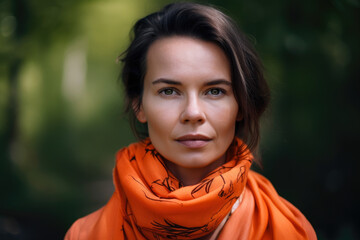 Outdoor portrait of a confident woman with a bright neon orange scarf and natural background, generative ai