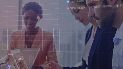 Poster - Animation of financial data processing over diverse business people in office