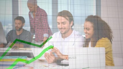 Poster - Animation of green lines and financial data processing over diverse business people in office