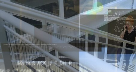 Poster - Animation of data processing over caucasian businesswoman walking up stairs