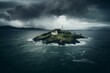A solitary island with a home and windmills in the ocean, surrounded by dark clouds under a dreary sky. Generative AI