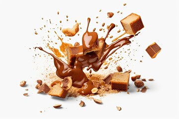 Poster - cake falling into a pool of chocolate. Generative AI