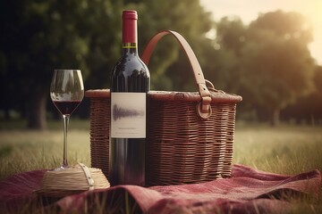 A luxurious red wine bottle and vintage picnic basket in a sunny countryside background with a blank label for possible customization. Generative AI
