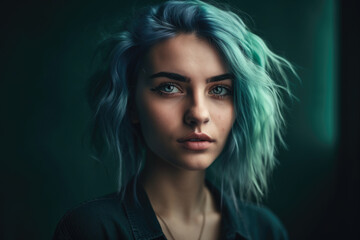 stunning portrait of a gorgeous woman with turquoise hair, piercing green eyes, and a confident expression, set against a dramatic turquoise background, generative ai