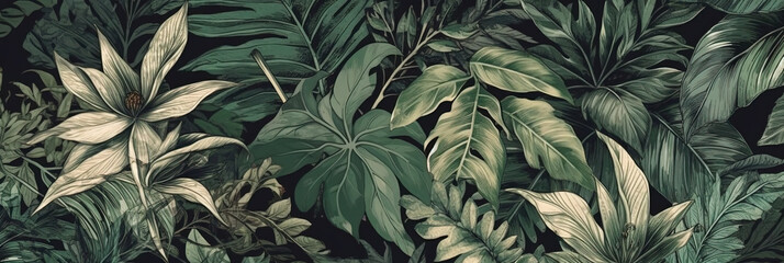 Green leaves background, floral tropical vintage pattern for wallpaper, generative AI