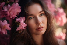 A Portrait Of A Beautiful Woman With Long Flowing Hair And Rosy Cheeks, Framed By Delicate Pink Petals And Soft Natural Light, Generative Ai