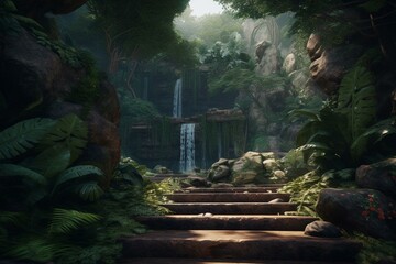 A tropical setting with steps, waterfalls, and greenery - inspired by the game League of Legends. Generative AI