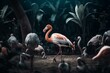 Flamingo and sparrows in surreal stage, standing out from crowd. Generative AI