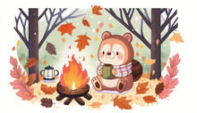 A Cute Animal Character Sitting By A Campfire In The Forest Transformed. Generative Ai