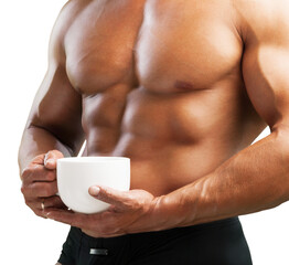 Sticker - A young man muscular holds cup, diet healthy concept