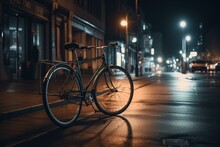 A Parked Bike On A City Street At Night With Blurry Cityscape Background And A Streetlight. Generative AI