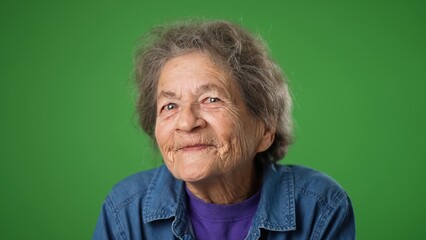 Closeup of smiling happy dreaming, thinking thoughtful elderly old toothless woman with idea on green screen background.