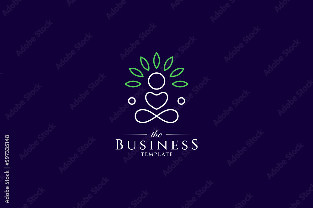 Healthy living people logo with abstract people shape and leaves in linear design style