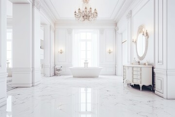 Canvas Print - luxurious white bathroom with a bathtub and elegant chandelier. Generative AI