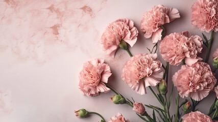  Pink carnations top view on light bright pink background. Banner for mothers day (AI Generated)