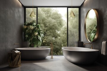 Canvas Print - luxurious bathroom with a spacious bathtub and a scenic window view. Generative AI