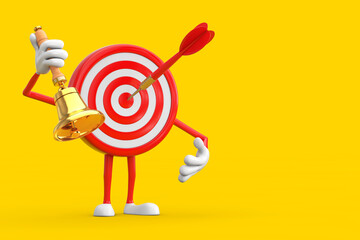 Leinwandbilder - Archery Target and Dart in Center Cartoon Person Character Mascot with Vintage Golden School Bell. 3d Rendering
