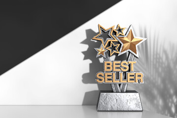 Fototapete - Golden Best Seller Business Award Trophy on a White Product Presentation Podium Cube. 3d Rendering