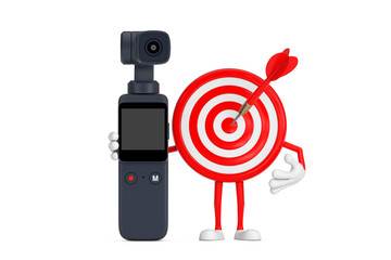 Aufkleber - Archery Target and Dart in Center Cartoon Person Character Mascot with Pocket Gimbal Action Camera. 3d Rendering