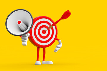 Aufkleber - Archery Target and Dart in Center Cartoon Person Character Mascot with Red Retro Megaphone. 3d Rendering