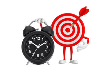 Poster - Archery Target and Dart in Center Cartoon Person Character Mascot with Alarm Clock. 3d Rendering
