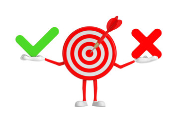 Poster - Archery Target and Dart in Center Cartoon Person Character Mascot with Red Cross and Green Check Mark, Confirm or Deny, Yes or No Icon Sign. 3d Rendering