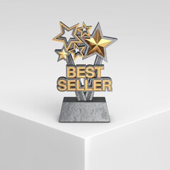 Fototapete - Golden Best Seller Business Award Trophy on a White Product Presentation Podium Cube. 3d Rendering
