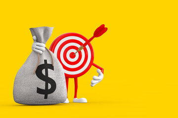 Poster - Archery Target and Dart in Center Cartoon Person Character Mascot with Tied Rustic Canvas Linen Money Sack or Money Bag with Dollar Sign. 3d Rendering