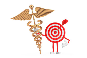 Aufkleber - Archery Target and Dart in Center Cartoon Person Character Mascot with Golden Medical Caduceus Symbol. 3d Rendering