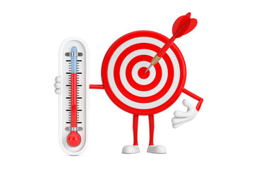 Leinwandbilder - Archery Target and Dart in Center Cartoon Person Character Mascot with Outdoor Thermometer. 3d Rendering