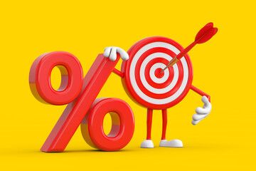 Wall Mural - Archery Target and Dart in Center Cartoon Person Character Mascot with Red Retail Percent Sale or Discount Sign. 3d Rendering