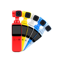Leinwandbilder - Row of Multicolored Pocket Handheld Gimbal Action Cameras. 3d Rendering