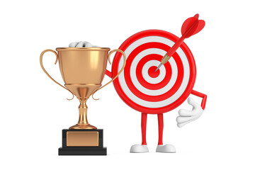Leinwandbilder - Archery Target and Dart in Center Cartoon Person Character Mascot with Golden Award Trophy. 3d Rendering