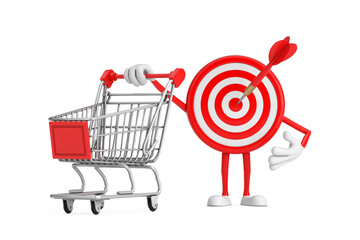 Leinwandbilder - Archery Target and Dart in Center Cartoon Person Character Mascot with Shopping Cart Trolley. 3d Rendering