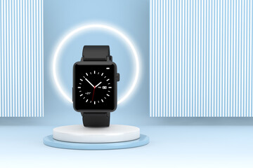 Fototapete - Black Modern Smart Watch Mockup on top of Product Presentation Stage or Pedestal. 3d Rendering