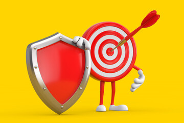 Leinwandbilder - Archery Target and Dart in Center Cartoon Person Character Mascot with Red Metal Protection Shield. 3d Rendering