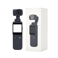 Leinwandbilder - Pocket Handheld Gimbal Action Camera with White Cardboard Package Box. 3d Rendering