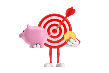 Aufkleber - Archery Target and Dart in Center Cartoon Person Character Mascot with Piggy Bank and Golden Dollar Coin. 3d Rendering