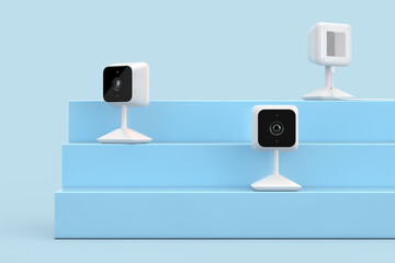 Aufkleber - White Modern Web Cameras on a Blue Product Presentation Podium Cube. 3d Rendering