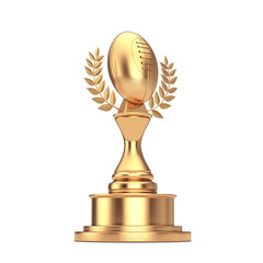 Sticker - Golden Award Trophy with Golden Classic Old Rugby Ball and Laurel Wreath. 3d Rendering