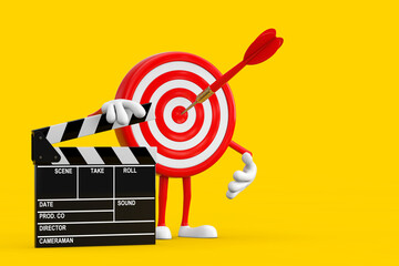 Leinwandbilder - Archery Target and Dart in Center Cartoon Person Character Mascot with Movie Clapper Board. 3d Rendering