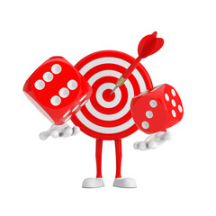 Leinwandbilder - Archery Target and Dart in Center Cartoon Person Character Mascot with Red Game Dice Cubes in Flight. 3d Rendering