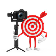 Aufkleber - Archery Target and Dart in Center Cartoon Person Character Mascot with DSLR or Video Camera Gimbal Stabilization Tripod System. 3d Rendering